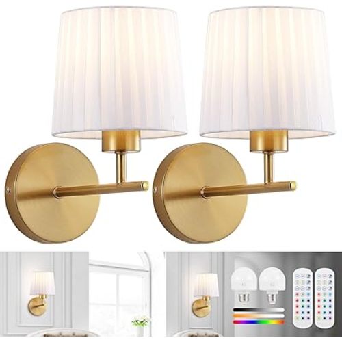 Battery Operated Wall Sconces Set of 2, Gold Wireless Sconces Wall Decor, Cordless Sconce Lighting with Remote and 5200mAh Dimmable Bulbs, Rechargeable Wall Lamps for Bedroom Living Room