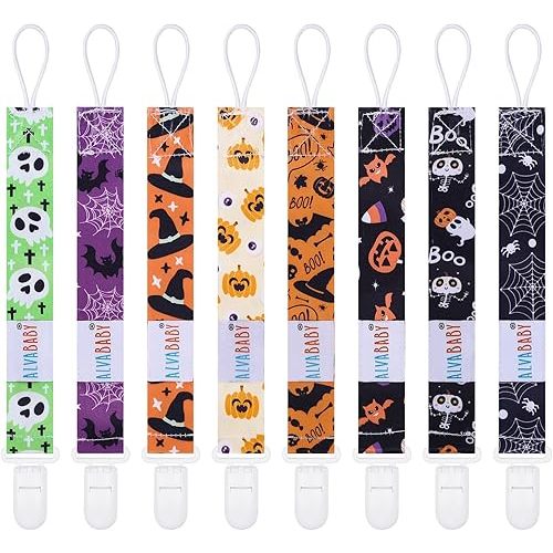 ALVABABY Halloween Pacifier Clips for Neutral Boys Girls 8 Packs Pacifier Binky Paci Holder Leashes for Pacifier Binkie Styles Baby Teethers Toys
