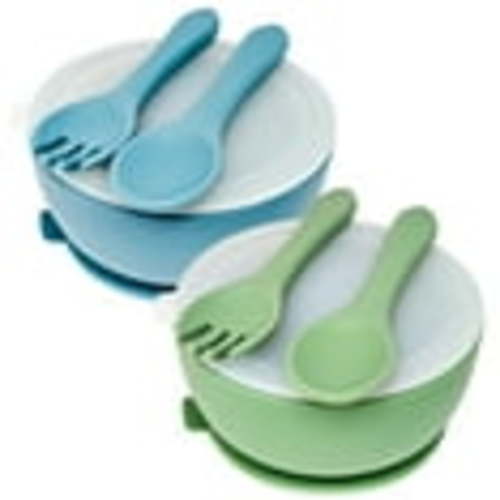 HippoBaby 6 Piece Silicone Suction Baby/Toddler Bowl Set with 2 Bowls, 2 Spoons, 2 Forks, Safe Food Grade Silicone, Soft on Gums (Sky/Mint)