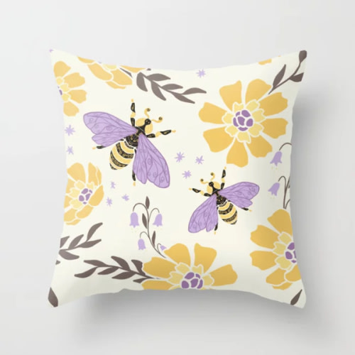 Honey Bees and Flowers - Yellow and Lavender Purple Throw Pillow by Avenie | Society6