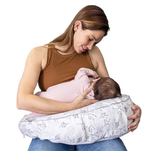 Boppy Uplift Nursing Pillow - Wedge Bottle & Breastfeeding Pillow to Reduce Spit-Up and Reflux Symptoms, with Body-Inclusive Opening and Belt, Baby Safety Alliance Verified - Gray Gentle Leaves