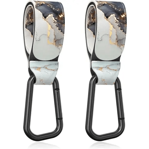 Baby Stroller Hooks for Hanging Bags, Universal Stroller Clips Stroller Accessories Hook Mommy Hook for Stroller, Diaper Bag, Shopping Bag, Purse, Backpack (Gray Gold Marble, 2 Pack)