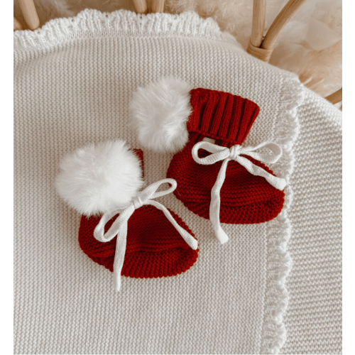Christmas Red Knit Booties - Pom Poms