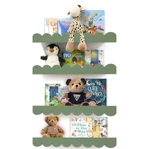 icnjdMopclean Scalloped Shelves for Nursery - Wall Book Shelves for Bedroom Kids, Nursery Bookshelf for Wall Set of 4, Floating Book Shelves Solid Wood,16 Inch, Sage