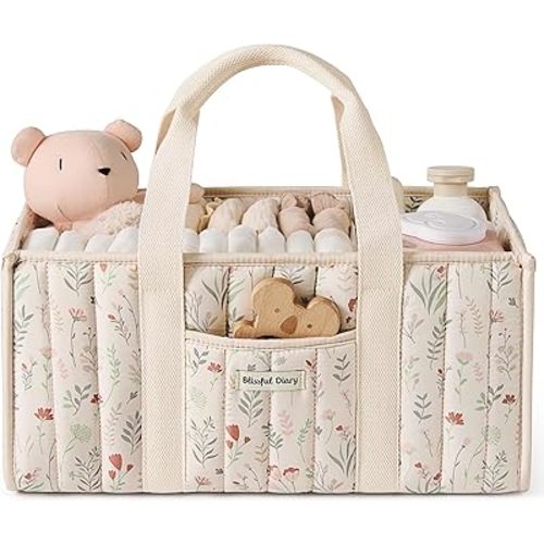 Blissful Diary Floral Diaper Caddy Organizer, Stylish Nursery Storage Basket, Gift for Baby Shower, Newborn Essentials, Floral Beige