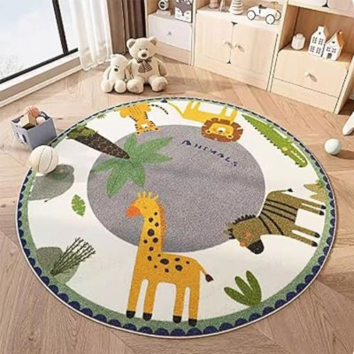 Children Rug 5ft Round Animal Area Rugs Cartoon Giraffe Crocodile Lion Tiger Animal Forest Shaggy Carpet Soft Crawling Play Mat for Kids Toddlers Bedroom Classroom Nursery Room Kids Room Decor