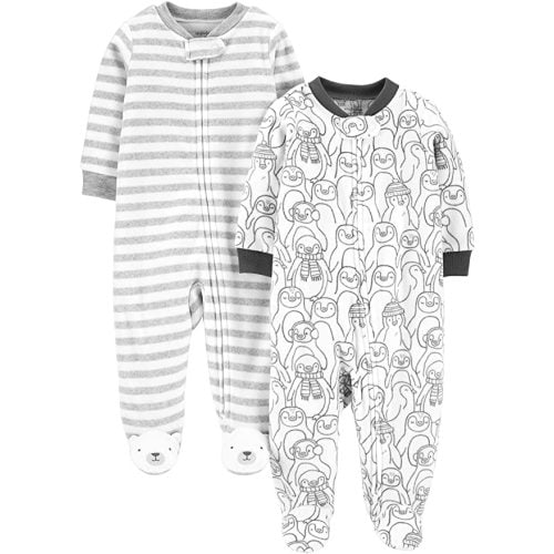 Simple Joys by Carter's Unisex Babies' Fleece Footed Sleep and Play, Pack of 2 - 0-3 Months - Penguin/Stripe