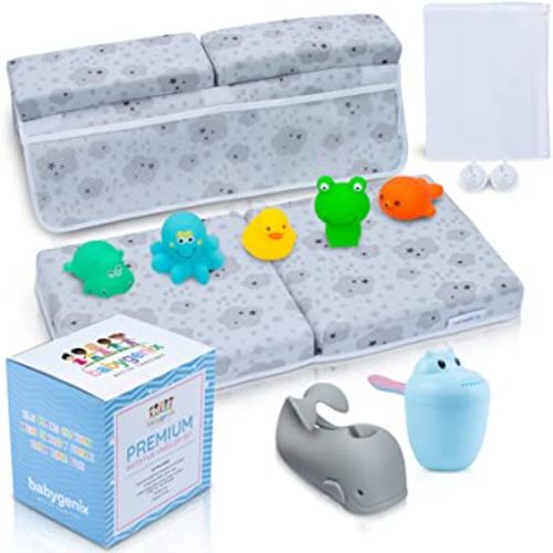 Includes All Shown Bath Kneeler & Elbow Rest Pad Set- 1.75" Thick Bathtub Kneeler Mat & Arm Rest with 4 Pockets for Bathing Baby, 5 Bath Toys, Rinse Cup, Spout Cover, Mesh Bag & Custom Box.