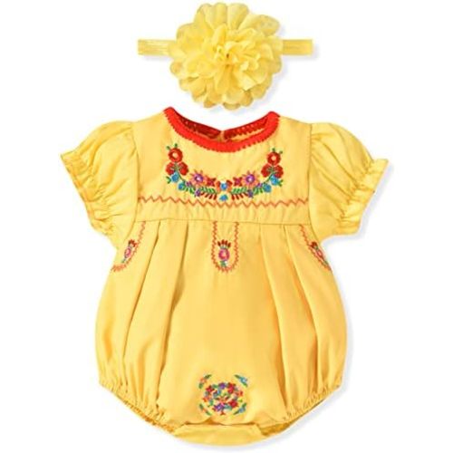 HINTINA Newborn Baby Girl Mexican Ethnic Embroidery Floral Bodysuit With Headband