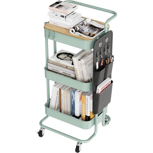 DTK 3 Tier Metal Utility Rolling Cart with Table Top and Side Bags, Metal Tray Storage Organizer Cart with Wheels, Art Craft Cart with 4 Hooks for Kitchen Bathroom Office Living Room (Green)