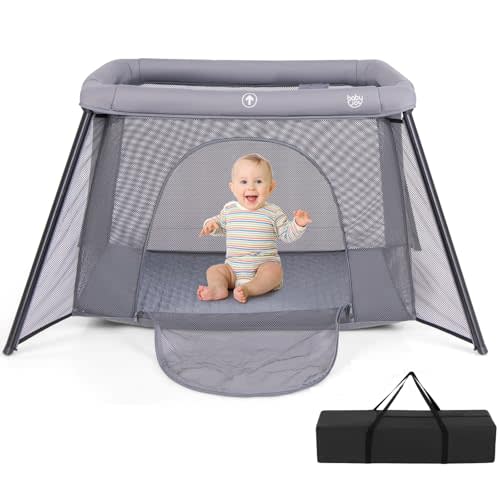 BABY JOY 2 in 1 Travel Crib, Portable Baby Playpen with Soft Washable Mattress, Foldable Pack and Play Lightweight Installation-Free Home Playard with Carry Bag, for Infants & Toddlers Indoor Outdoor