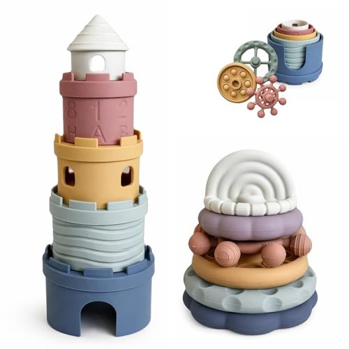 Stacking Cups & Teething Toys - Silicone Montessori Baby Toys - Teethers for Babies 3-6 Months - Soft Castle Nesting Cups - Stacking Ring Toys