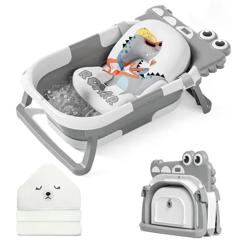 MoreFeel Collapsible Baby Bathtub for Newborn with Thermometer & 1 Hooded Towel & 1 Soft Floating Cushion,Portable Travel Bathtub with Drain Hole, Durable Foldable Baby Tubs for Infants to Toddler