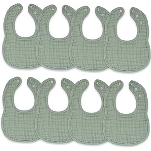 Comfy Cubs Muslin Bibs for Babies, Pack of 8 - Soft and Highly Absorbent, Feeding, Drool and Teething Bib, Adjustable Snaps - Stylish & Colorful Unisex Designs, Giftable Set - Fern