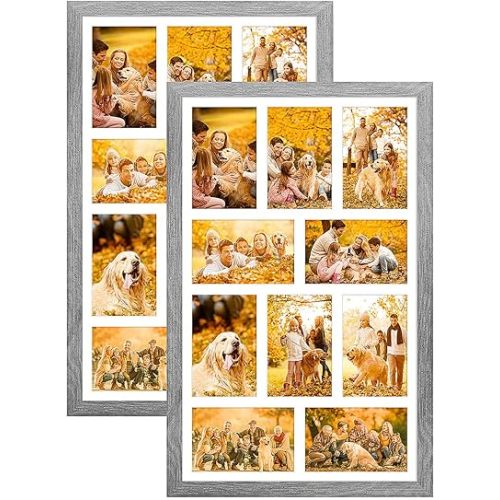 13x21 Collage frame with 10 Openings 4X6 Pictures, Multiple Picture Frame with Mat, Wall or Tabletop Decor, Grey Wood Grain,2 Pack