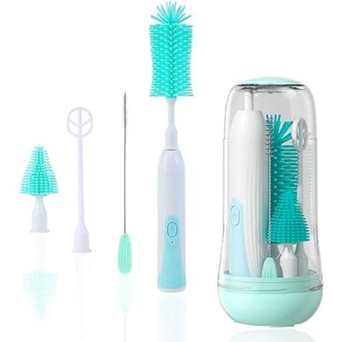 Electric Bottle Brush Cleaner, Electric Baby Bottle Brush Set Including Waterproof Bottle Cleaner, Nipple Brush, Straw Cleaner, Mixer, Bottle Drying Rack, Rechargeable,Two Cleaning Modes