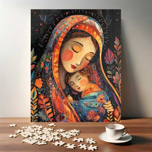 Mary and Child Mosaic Puzzle - Vibrant Sacred Art Jigsaw - Gift for Christian Families and Spiritual Art Lovers (110, 252, 520, 1014 piece)
