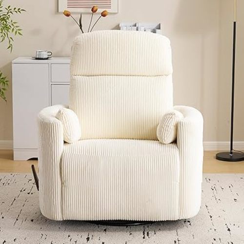 Oversized Swivel Rocker Recliner Chair with Heat and Massage, Rocking Chair with Adjustable Headrest, Manual Rocker Recliner Chair, Glider Recliner Chair with 2 Pillows, Corduroy Beige