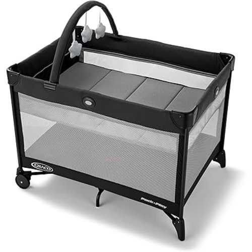 Graco On The Go Zip Pack ‘n Play Playard, Folding Playpen with Bassinet, Portable Crib, Reeves