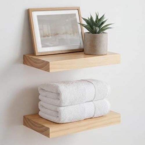 Homeforia 12 inch Natural Floating Shelf, High End Solid Real Wood 12inch Small Floating Shelves for Wall Mounted, Natural Wooden Floating Shelves, Heavy Duty Bracket, 12 X 6.5 X 1.75 in, Set of 2