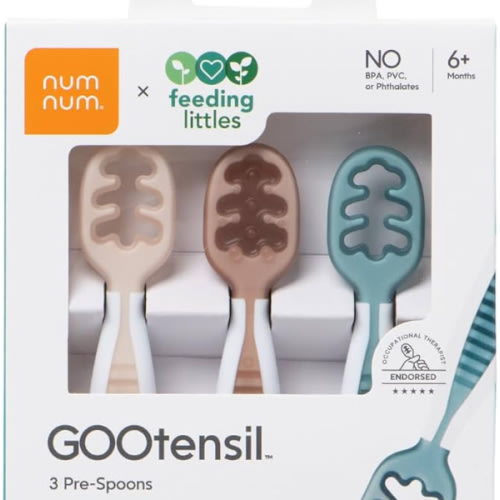 NumNum Baby Spoons Set, Feeding Littles x Silicone Pre-Spoon GOOtensils for Baby Led Weaning, Self-Feeding & Teething, First Stage Toddler Utensils for Ages 6+ Months, 3-Pack, BPA-Free (Neutrals)