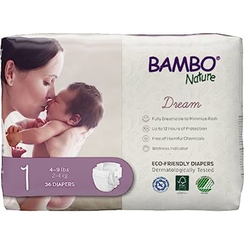 Bambo Nature Hypoallergenic Dream Baby Diapers, Premium Eco-Labeled Sustainable Diapers, Enhanced Leakage Protection, Totally Chlorine-free, Skin Friendly, and Super Absorbent - Size 1 (108 Count)