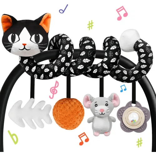 Car Seat Toys for Babies 0-6 Months,Hanging Rattle Toys for Crib Mobile, Baby Spiral Hanging Stroller Black and White High Contrast Toys for Newborn 0 3 6 9 12 Months Baby Boys Girls (Cat)