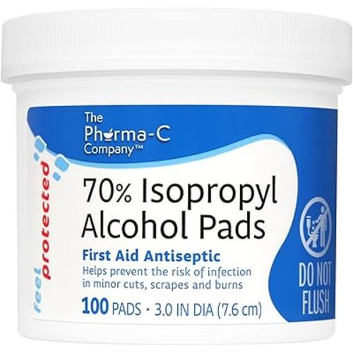 The Pharma-C Company 70% Isopropyl Alcohol Pads [100 count]. First Aid - Antiseptic Wipes - Extra Large - Alcohol for minor cuts, scrapes and burns.