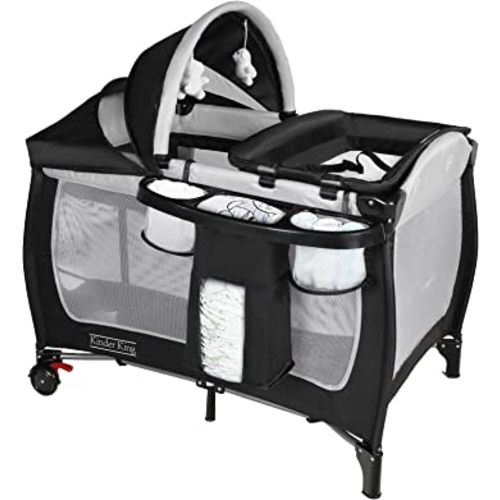 Kinder King 4 in 1 Portable Pack n Play, Baby Nursery Center Playard w/Bassinet, Large Playpen for Infant and Toddler, Newborn Changing Table, Adjustable Canopy, Storage Basket, Travel Bag, Black