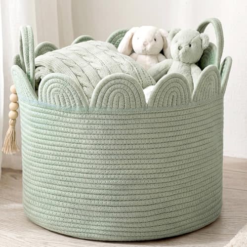 LemonRoad Sage Green Round Basket Large Blanket Basket 15.8"L x 15.8"W X13.8"H Scalloped Woven Baskets Cotton Storage Baskets for Nursery Classroom Closet Blankets Storage Home Decor