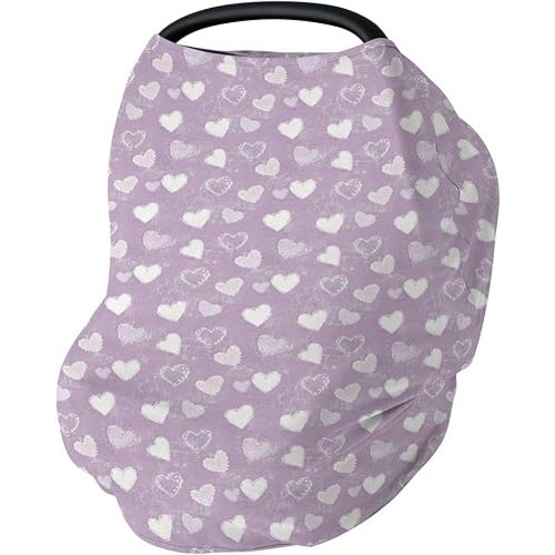 Purple Love Car Seat Cover for Babies Vintage Hearts Stretchy 5-in-1 Cover Adjustable Car Canopy Breastfeeding Cover Baby's First Valentine's Day Breathable Nursing Cover-Up