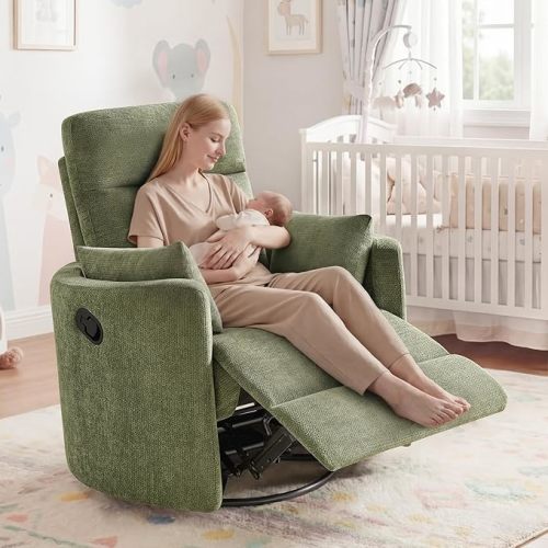 Oversized Nursery Rocking Chair, 360° Swivel Glider Recliner Chair, Chenille Silent Nursery Chair with 2 Pillows and Footrest, Cozy Reclining Sofa for Living Room, Bedroom, Nursing, Olive