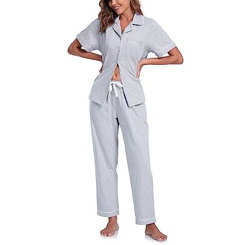 COLORFULLEAF Women's 100% Cotton Pajama Set Button Down Sleepwear Short Sleeve Shirt and Long Pants Soft ladies Lounge Sets
