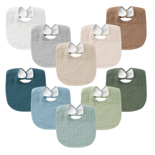 Konssy 10-Pack Muslin Baby Bibs, Soft Cotton Bandana Bibs for Drooling & Teething, Unisex Solid Colors for Boys & Girls, Newborn & Infant