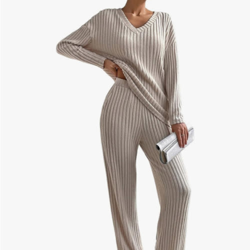 SHEWIN Women's Pajama Sets Long Sleeve 2 Piece Lounge Sets Ribbed Knit Sweater Sleepwear