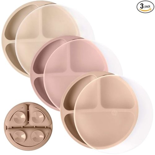 WeeSprout Suction Plates with Lids for Babies & Toddlers - 100% Silicone, Dinnerware Stays Put, Divided Design for Picky Eaters, Microwave & Dishwasher Friendly, 3 Pack