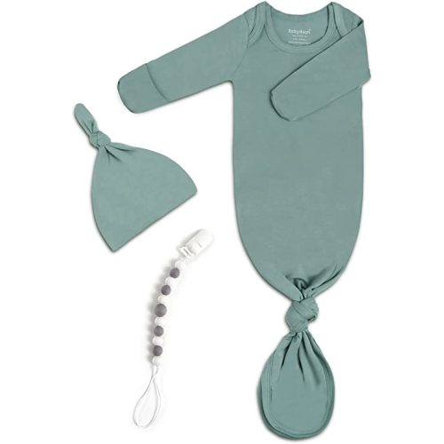 Newborn Baby Knotted Gown, Super Soft Silky Infant Long Sleeve Sleeper for Baby Girl with Hat Set - Grey Blue+grey Clip