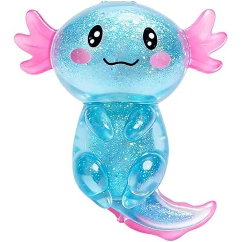 Glitter Axolotls Squishies Toy, Stretchy Axolotls Stress Ball, Soft Squeeze Sensory Fidget Toys for Kids Adults, Cute Easter Basket Stuffers Party Favors Classroom Prizes (Blue)