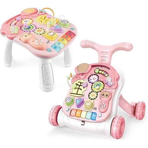 Baby Learning Walker Sit-to-Stand Baby Walker with Wheels Entertainment Table Kids Early Educational Activity Center, Baby Push Walkers for Boys and Girls, Pink