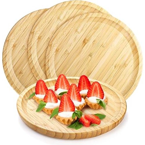 Jucoan 4 Pack Bamboo Dinner Plates for Kids, 8 Inch Round Bamboo Wood Plates for Toddle, Reusable Dinner Plates, Kids Plates, Fruit Platter for Dessert, Salad, Appetizer, Snack