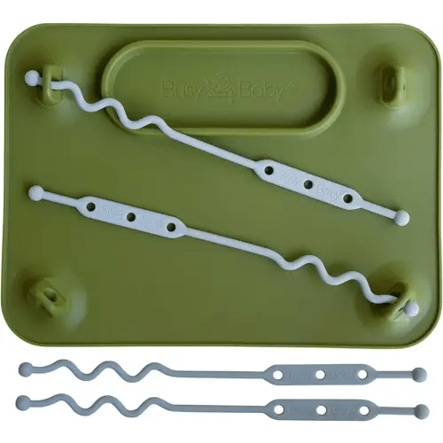BUSY BABY Silicone Mat - Suction Cups, 4 Straps to Secure Baby Essentials, Self Feeding, Baby Led Weaning, Travel Sleeve Included (Olive)