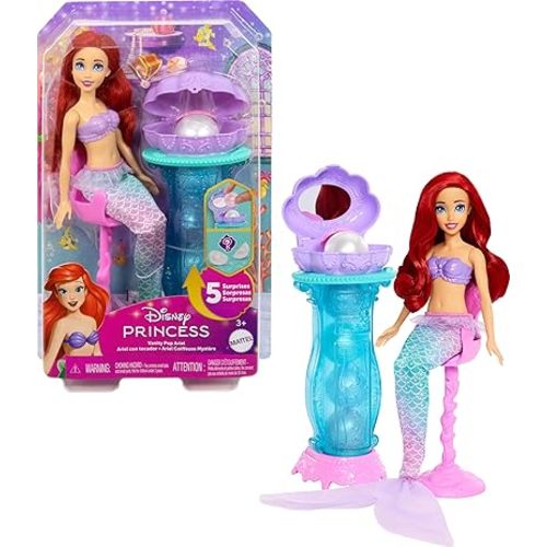 Mattel Disney Princess Toys, Ariel Vanity Pop Mermaid Fashion Doll with Removable Tail & Vanity with 5 Repeatable Pop-Up Surprises & 5 Accessories