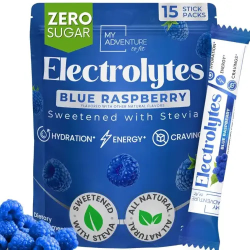 Zero Sugar - Blue Raspberry Electrolytes Powder - Refreshing Hydration - Caffeine Free Energy - All Natural Ingredients - Vegan, Keto and Paleo - Sugar Free Electrolyte Powder Drink Mix - 15 count