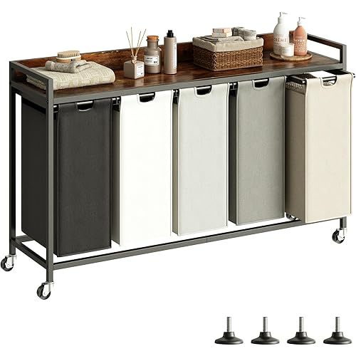 Laundry Hamper with Shelf, Laundry Basket 5 Section, Laundry Sorter with Pull-Out Removable Large 5 Color Bags and Movable Wheels, Metal Frame, 5 x 15.87 Gallons (60L), Rustic Brown PF08XLN