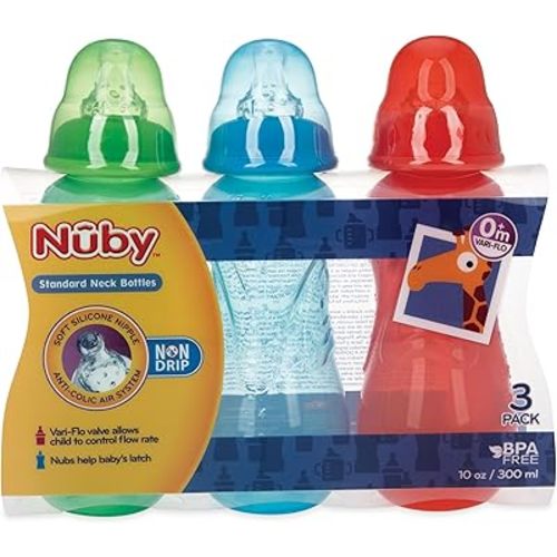 Nuby Non-Drip Standard Neck Baby Bottles - 10 oz (3 Pack) - Vari-Flo Flow Control Nipple - Anti-Colic Air System - 0+ Months