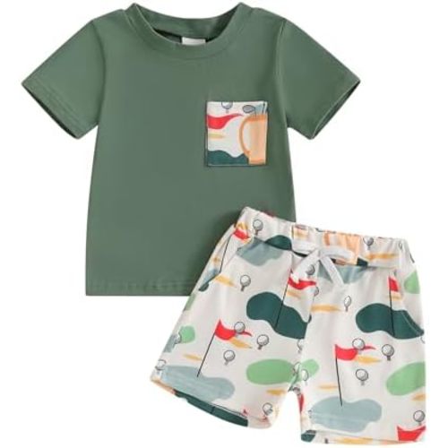 Summer Toddler Baby Boy Girl Golf Outfit Funny Letter Print Short Sleeve Shirt Jogger Shorts Infant Sets