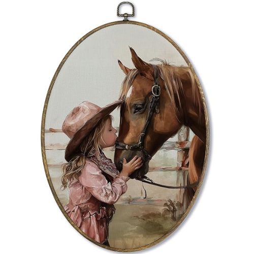 Fewgb Cowgirl Nursery Horse Oval Wall Art Decor Framed, Western Canvas Wall Art Prints for Teen Girls Dorm Kids Room Playroom, Equestrian Hanging Room Decor Picture Artwork for Gallery Bedroom 9x12