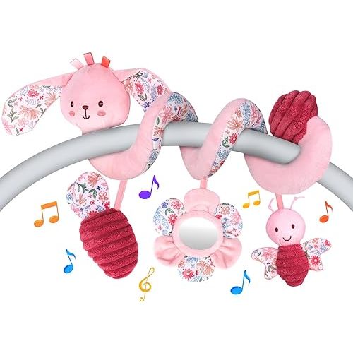 Hanging Car Seat Toys, Spiral Crib & Stroller Activity Toys with Rattles for Babies 0-6 Months, Baby Car Seat Accessories Toy for Developing Sensory & Motor Skills, Gift for Newborn Infant - Rabbit