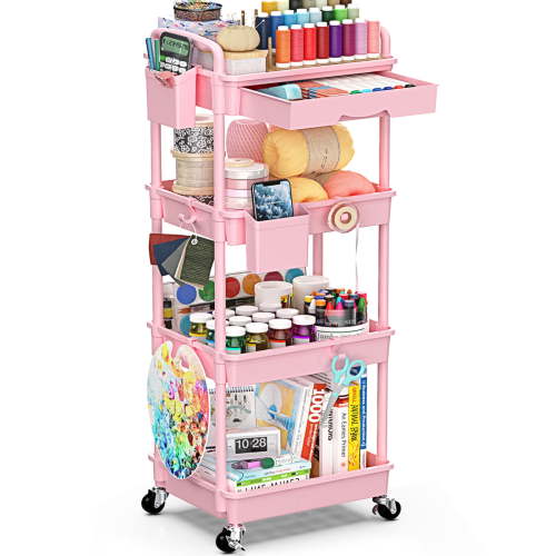 4 Tier Rolling Utility Cart with Removable Drawer, Bathroom Storage Organizer with 2 Lockable Wheels, Mobile Shelving Unit for Kitchen, Office, Snack, Craft, Makeup, Baby Essentials, Pink