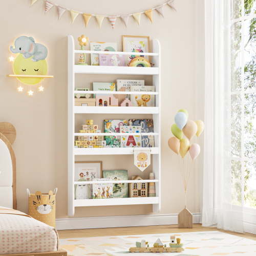 Homfa 4-Tier Wall Bookshelf, 44.5"H Wall-Mounted Kids Bookshelf, Book Storage Rack for Kids Room, White